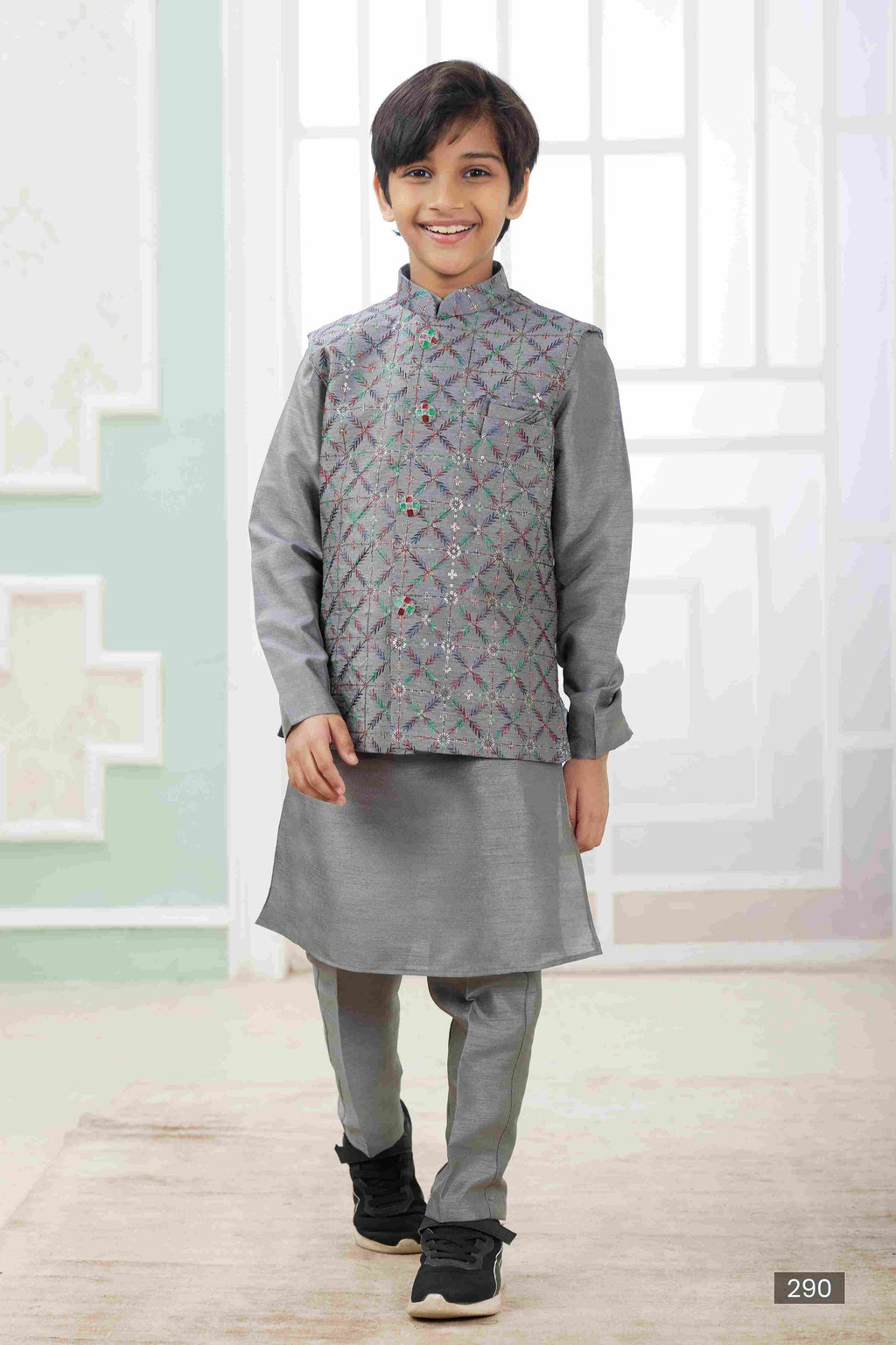 Raivat Ethnic Art Silk Embroidery Work 3 Pics Jacket Set In Dark Grey Colour | Grocsy