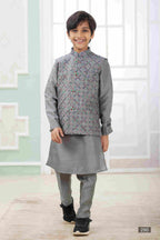 Raivat Ethnic Art Silk Embroidery Work 3 Pics Jacket Set In Dark Grey Colour | Grocsy