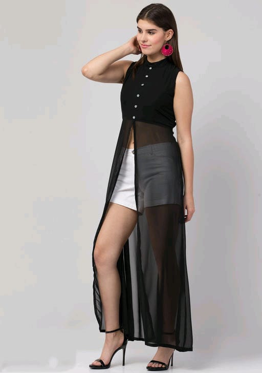PAVONINE Black Color Shining Buttons Net Fabric Slit Dress For Women | Grocsy