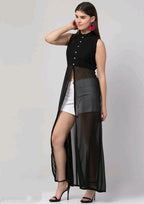 PAVONINE Black Color Shining Buttons Net Fabric Slit Dress For Women | Grocsy