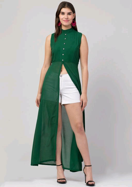 PAVONINE Bottle Green Color Shining Buttons Net Fabric Slit Dress For Women | Grocsy