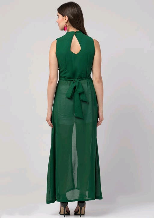 PAVONINE Bottle Green Color Shining Buttons Net Fabric Slit Dress For Women | Grocsy