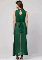 PAVONINE Bottle Green Color Shining Buttons Net Fabric Slit Dress For Women | Grocsy