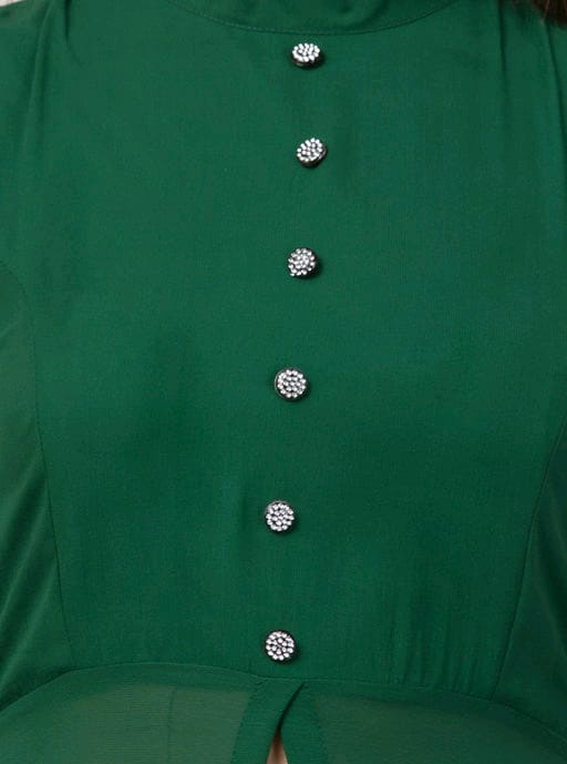 PAVONINE Bottle Green Color Shining Buttons Net Fabric Slit Dress For Women | Grocsy