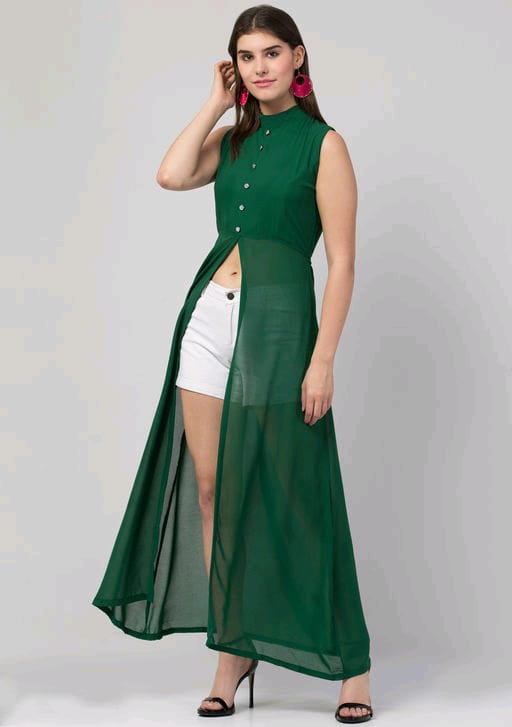 PAVONINE Bottle Green Color Shining Buttons Net Fabric Slit Dress For Women | Grocsy