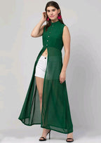 PAVONINE Bottle Green Color Shining Buttons Net Fabric Slit Dress For Women | Grocsy