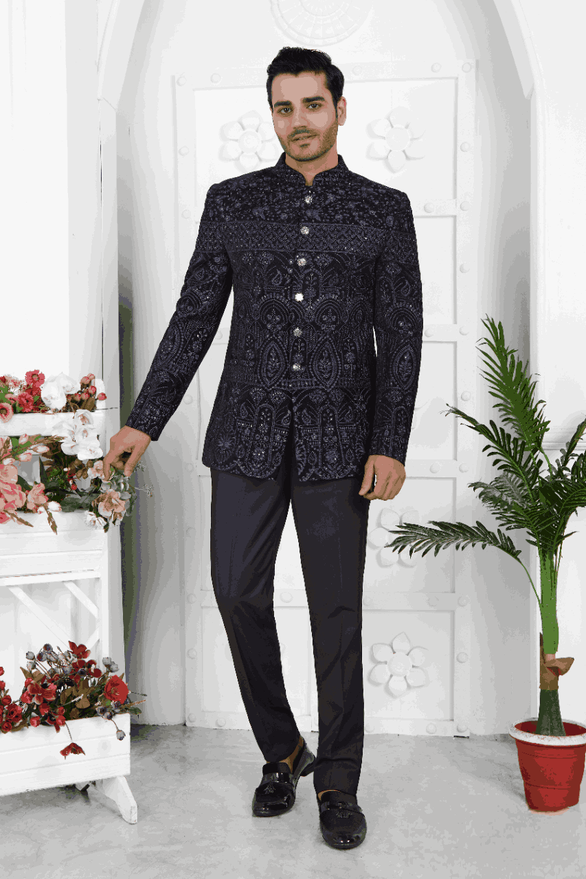 Raivat Ethnic Velvet Thread Work Jodhpuri In Blue Colour | Grocsy