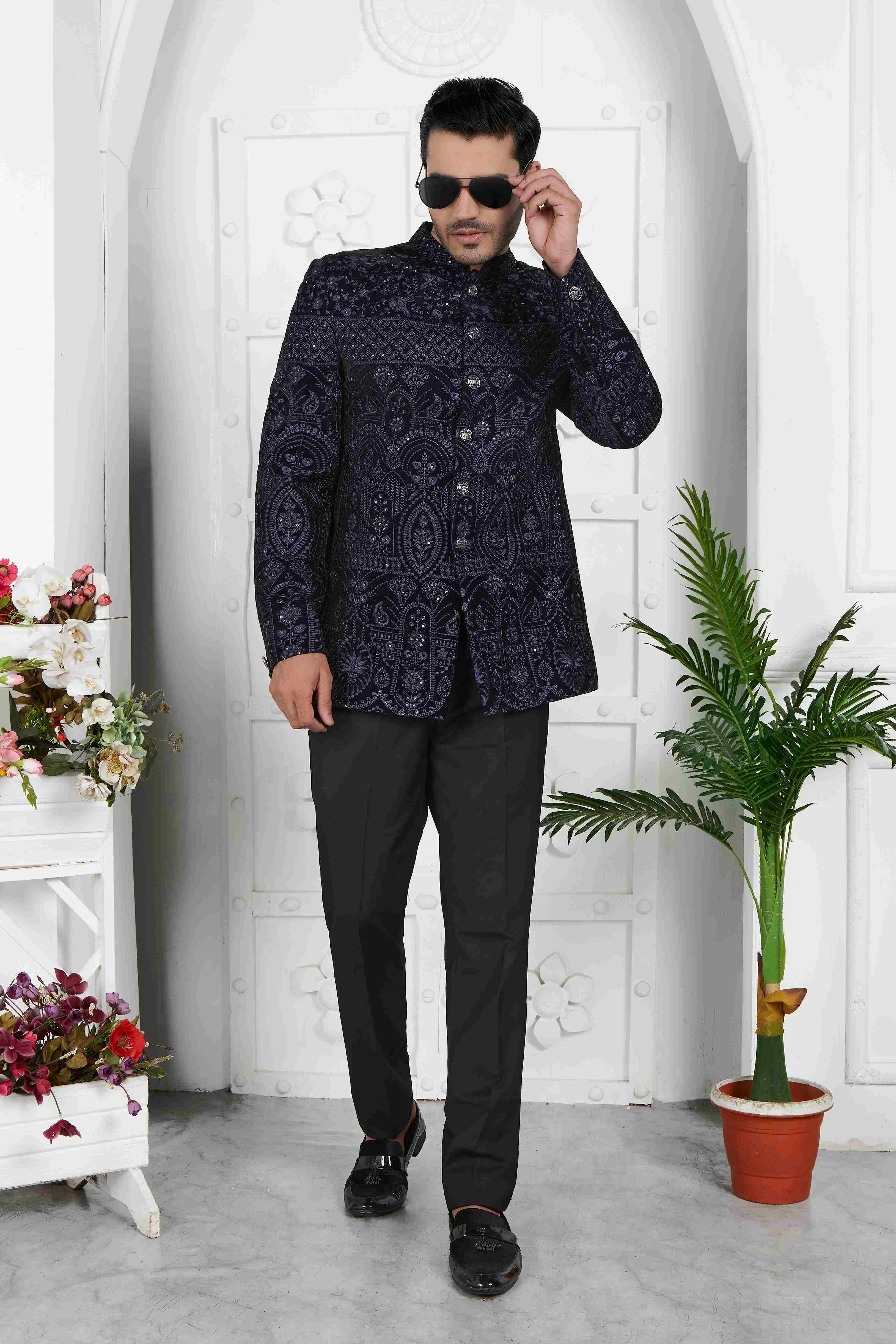 Raivat Ethnic Velvet Thread Work Jodhpuri In Blue Colour | Grocsy