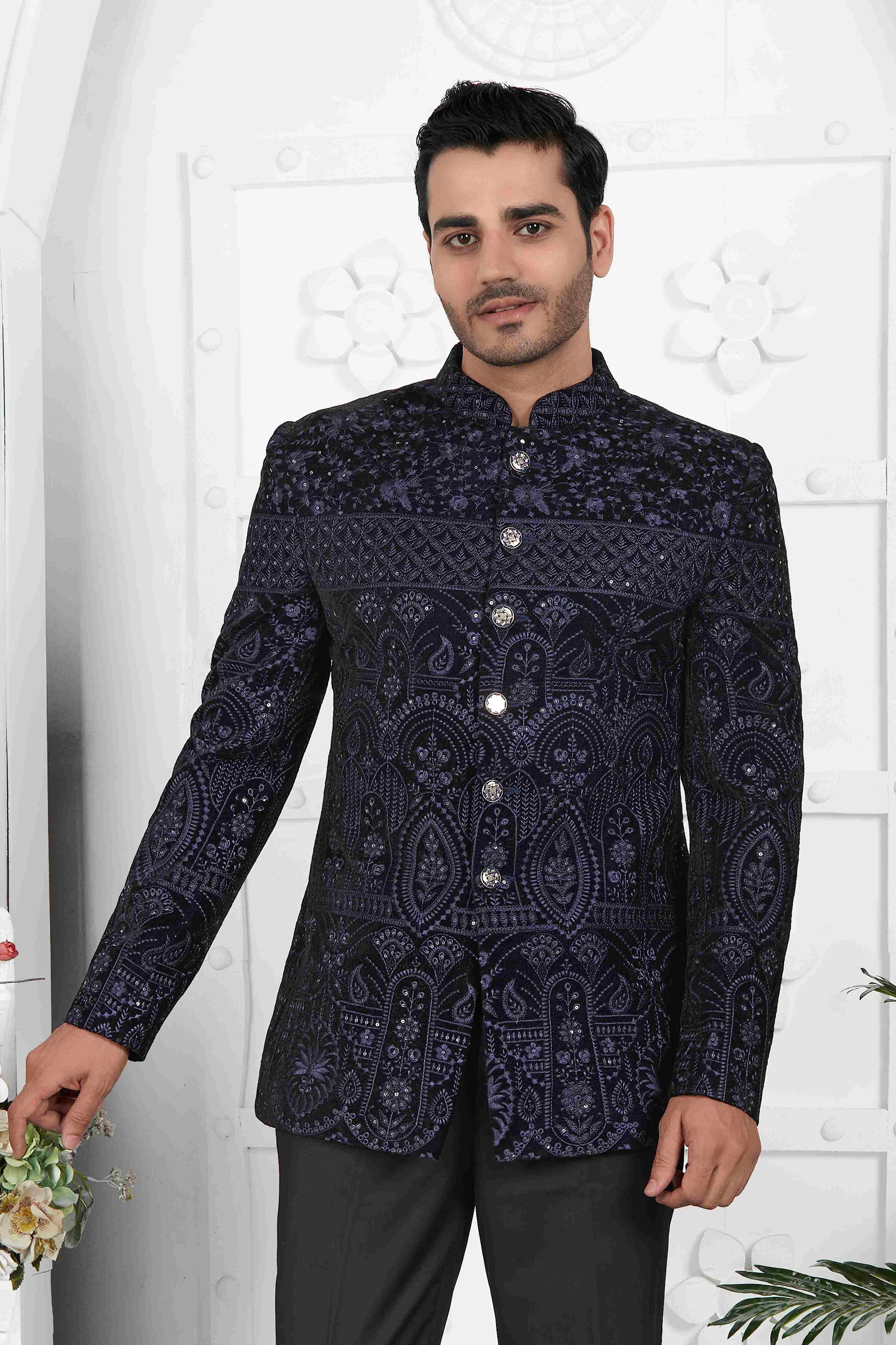 Raivat Ethnic Velvet Thread Work Jodhpuri In Blue Colour | Grocsy