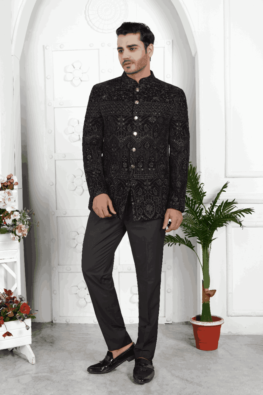 Raivat Ethnic Velvet Thread Work Jodhpuri In Black Colour | Grocsy