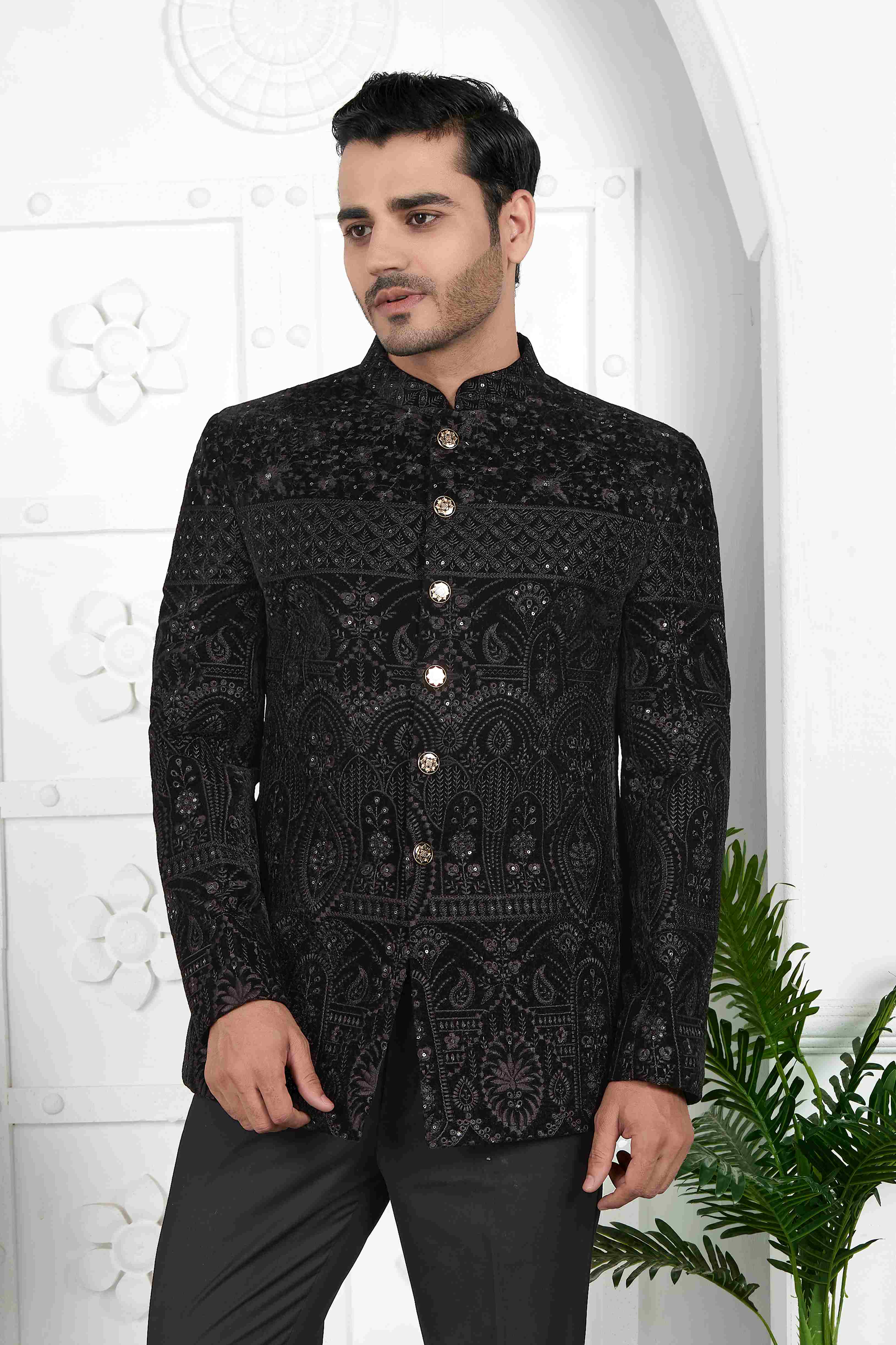 Raivat Ethnic Velvet Thread Work Jodhpuri In Black Colour | Grocsy