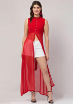 PAVONINE Red Color Shining Buttons Net Fabric Slit Dress For Women | Grocsy