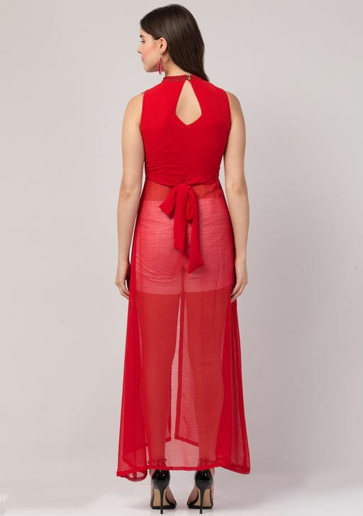 PAVONINE Red Color Shining Buttons Net Fabric Slit Dress For Women | Grocsy