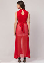PAVONINE Red Color Shining Buttons Net Fabric Slit Dress For Women | Grocsy