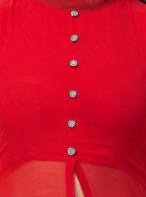 PAVONINE Red Color Shining Buttons Net Fabric Slit Dress For Women | Grocsy
