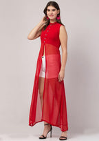 PAVONINE Red Color Shining Buttons Net Fabric Slit Dress For Women | Grocsy
