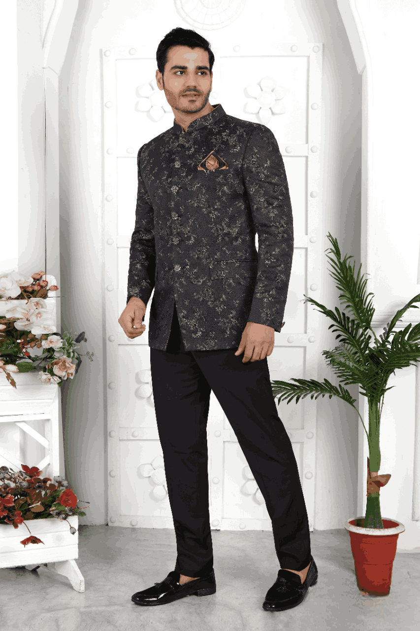 Raivat Ethnic Jacquard Silk Thread Work Jodhpuri In Black Colour | Grocsy