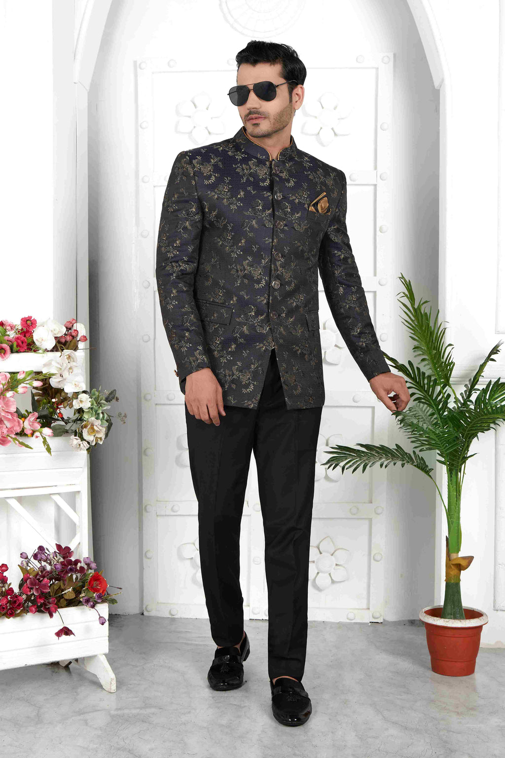 Raivat Ethnic Jacquard Silk Thread Work Jodhpuri In Black Colour | Grocsy