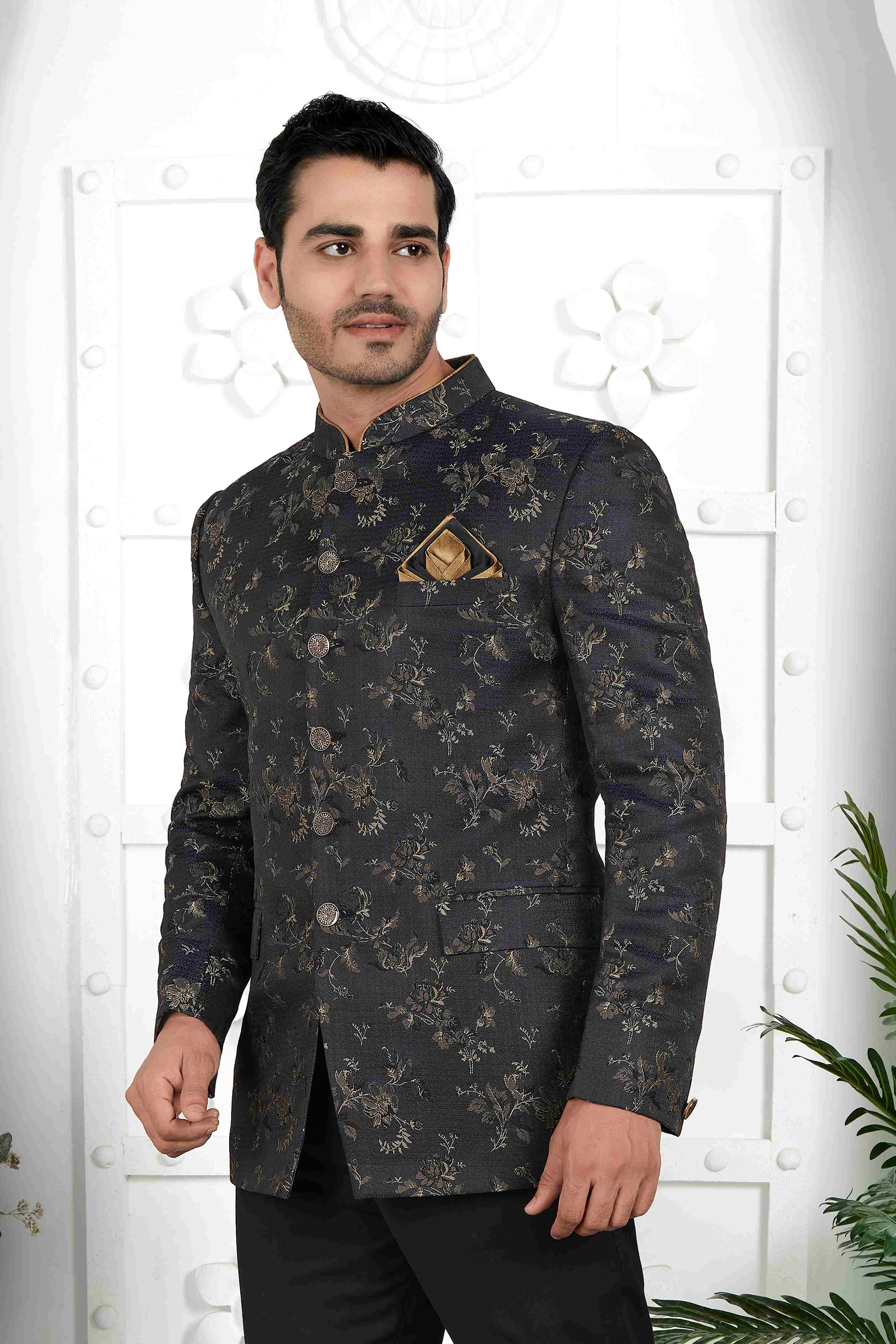 Raivat Ethnic Jacquard Silk Thread Work Jodhpuri In Black Colour | Grocsy