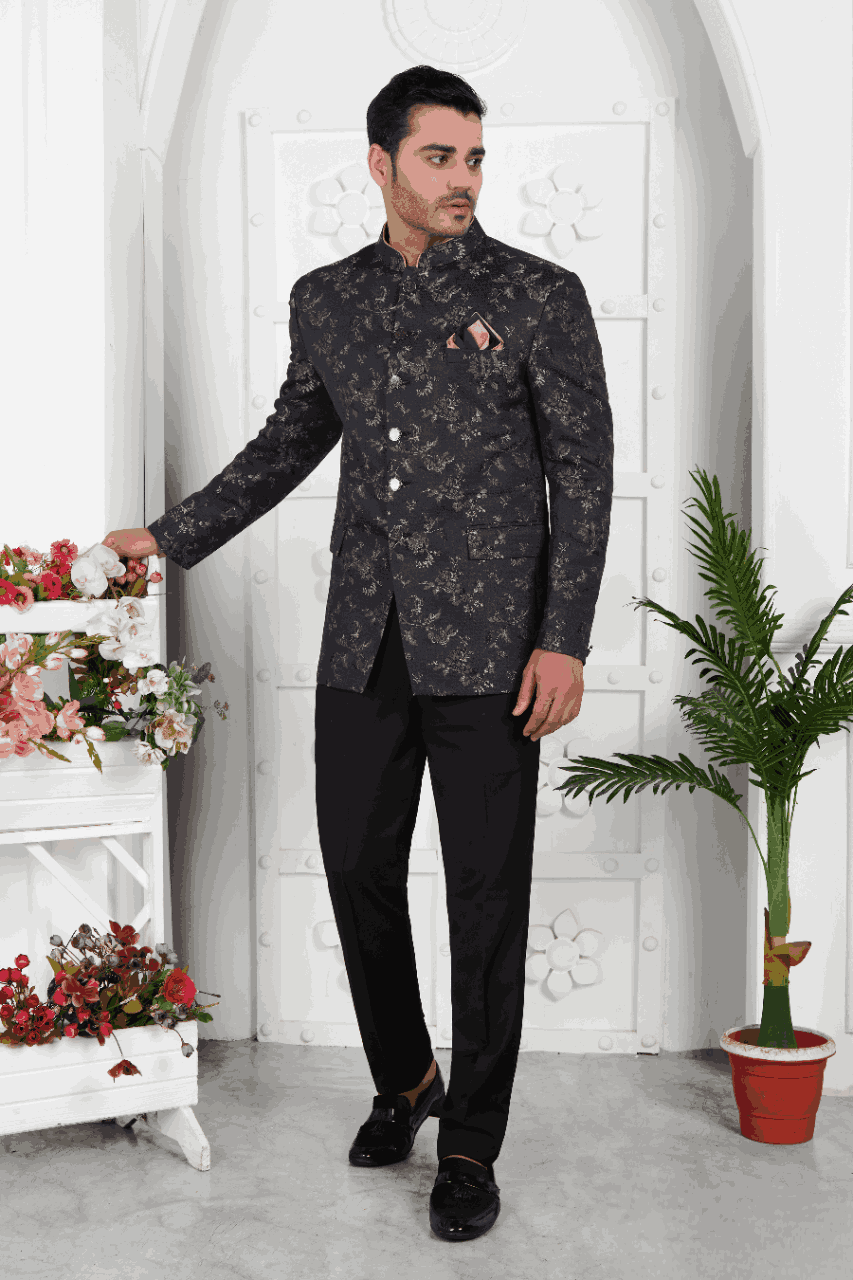 Raivat Ethnic Jacquard Silk Thread Work Jodhpuri In Black Colour | Grocsy