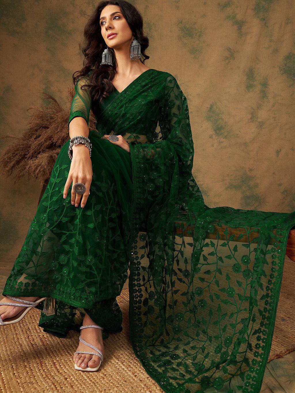 Sangria Floral Embroidered Net Sarees | Grocsy