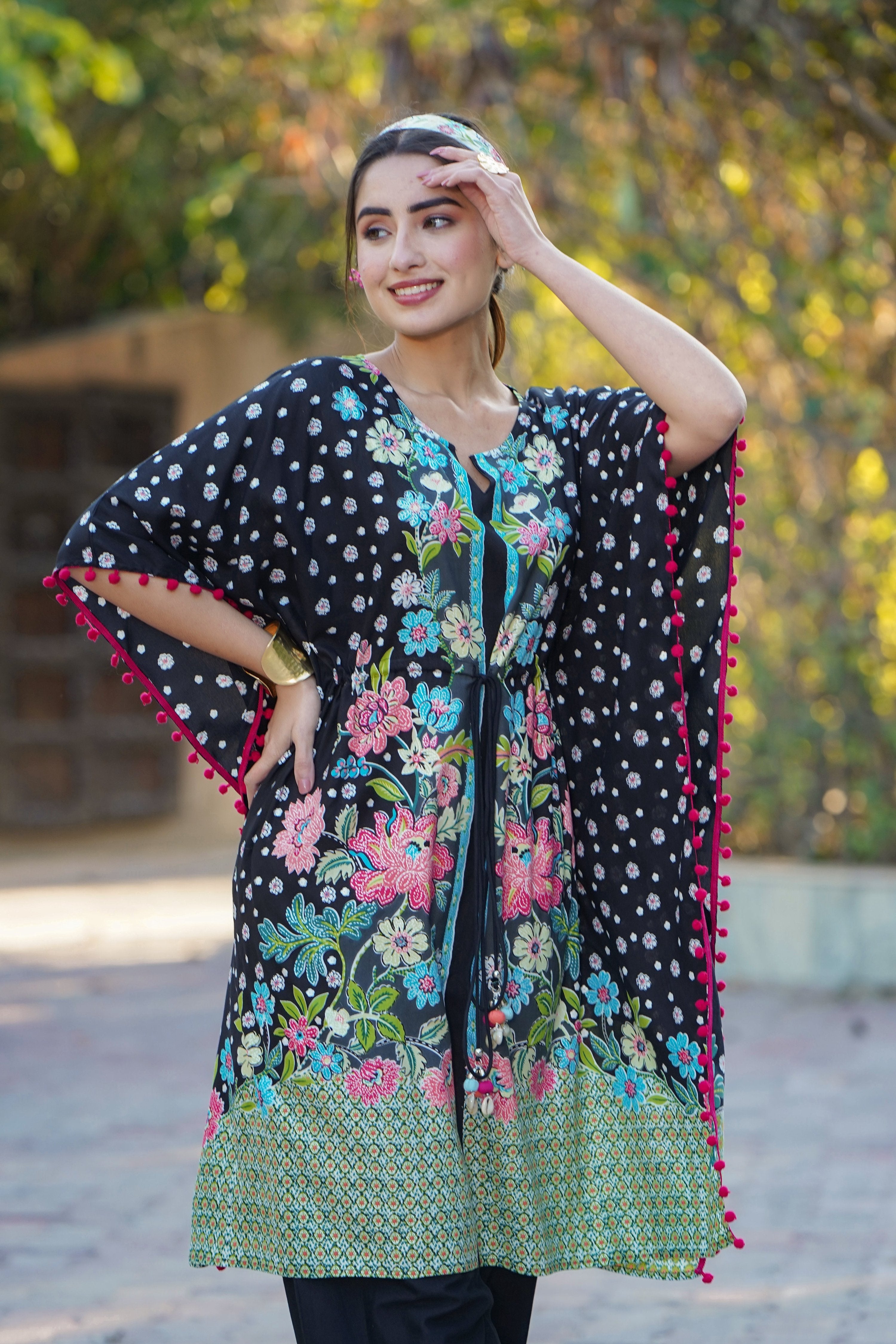 Juniper Womens Black Rayon Multi Color Floral Printed Kaftan | Grocsy