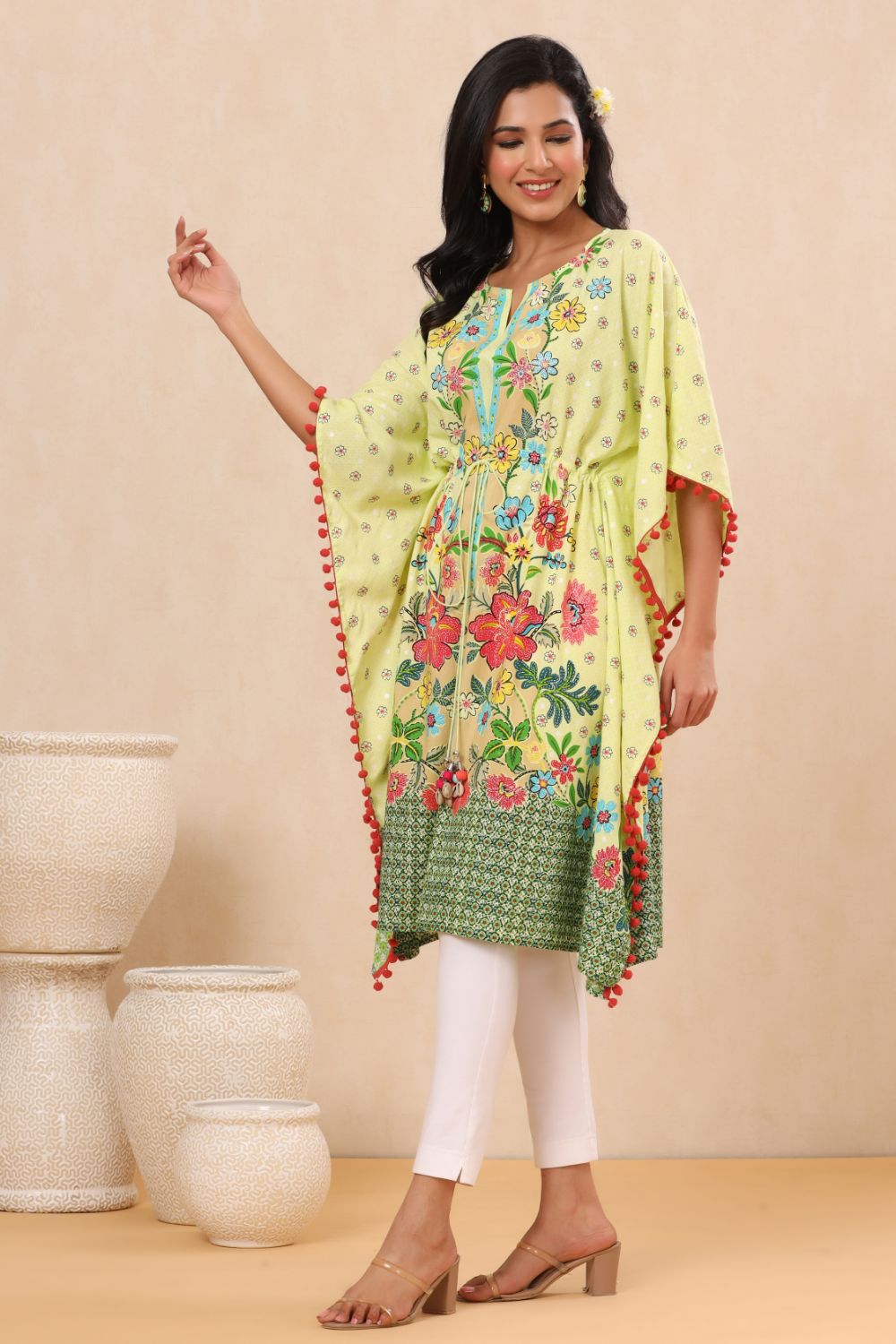 Juniper Womens Lime Yellow Rayon Multi Color Floral Printed Kaftan | Grocsy