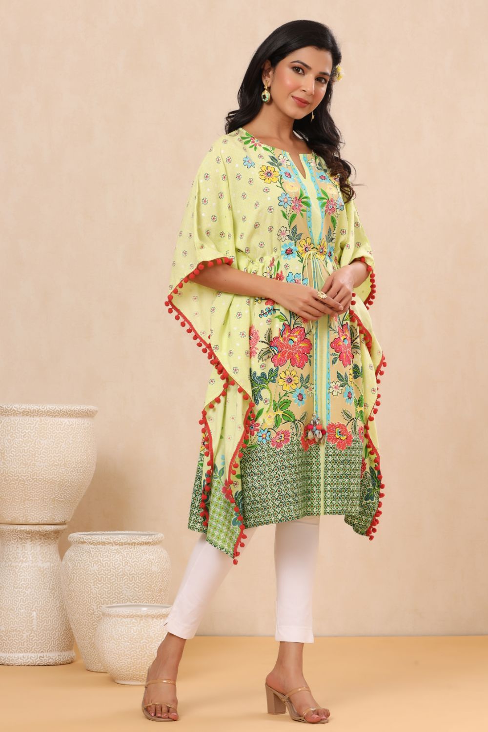 Juniper Womens Lime Yellow Rayon Multi Color Floral Printed Kaftan | Grocsy