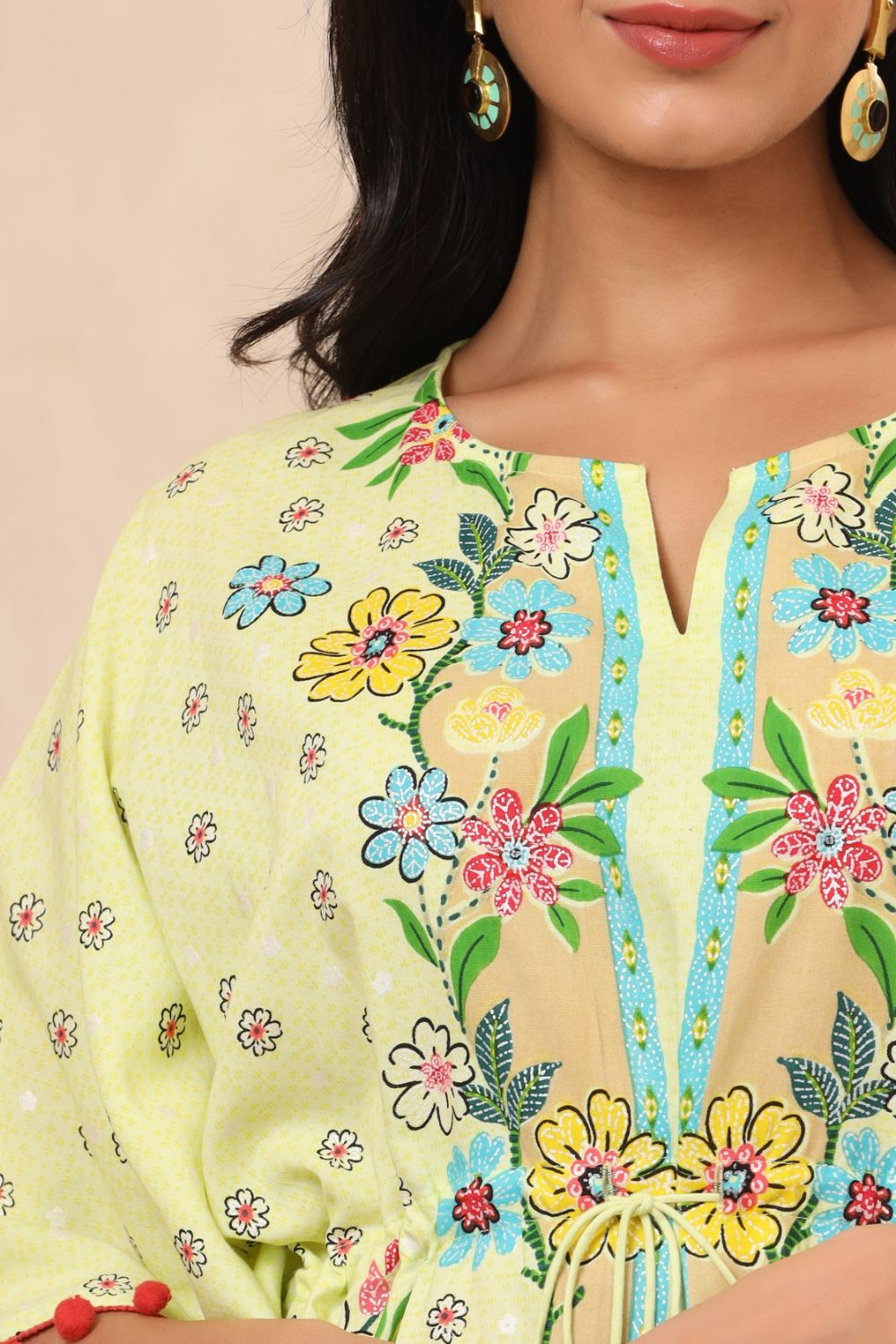 Juniper Womens Lime Yellow Rayon Multi Color Floral Printed Kaftan | Grocsy