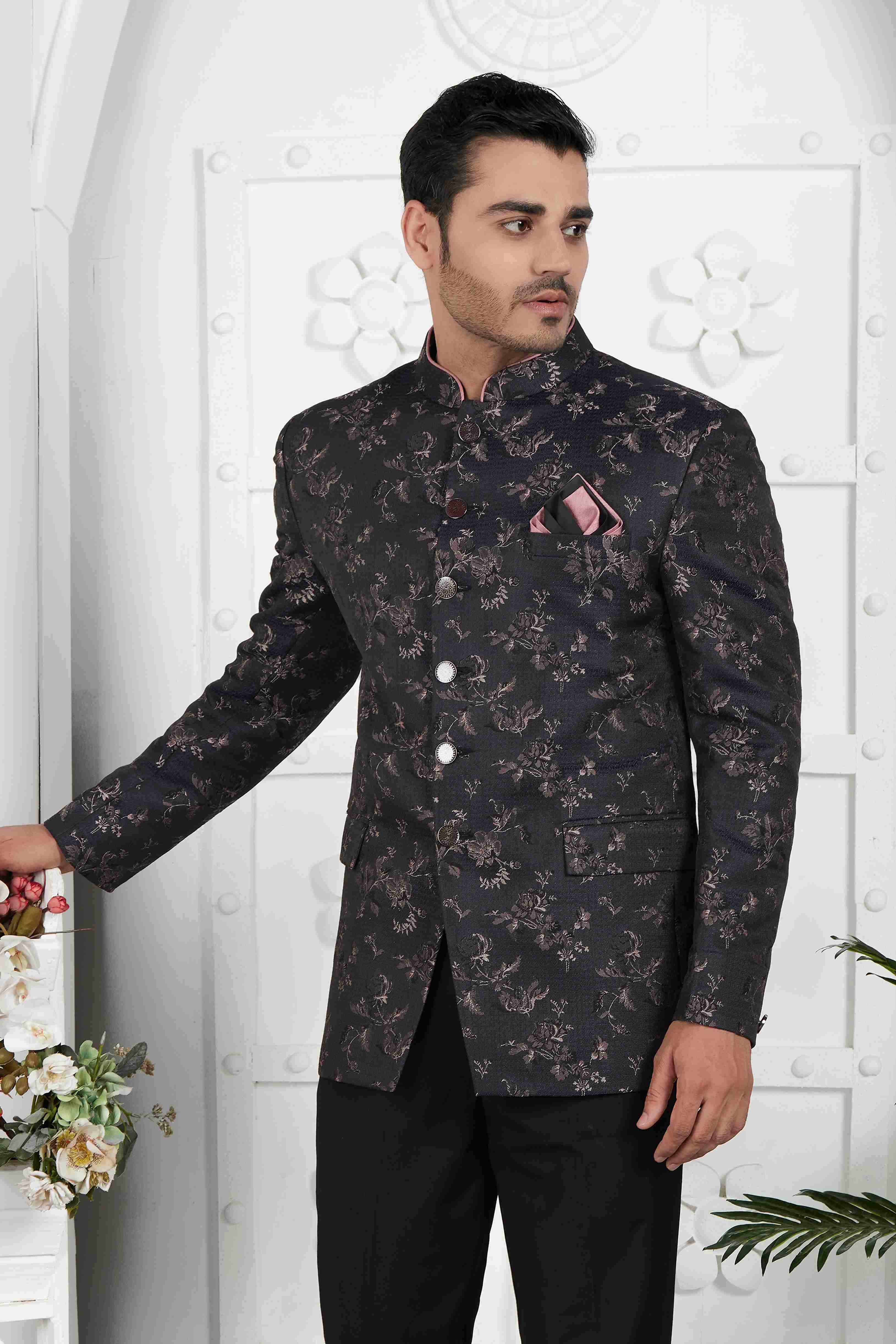 Raivat Ethnic Jacquard Silk Thread Work Jodhpuri In Black Colour | Grocsy