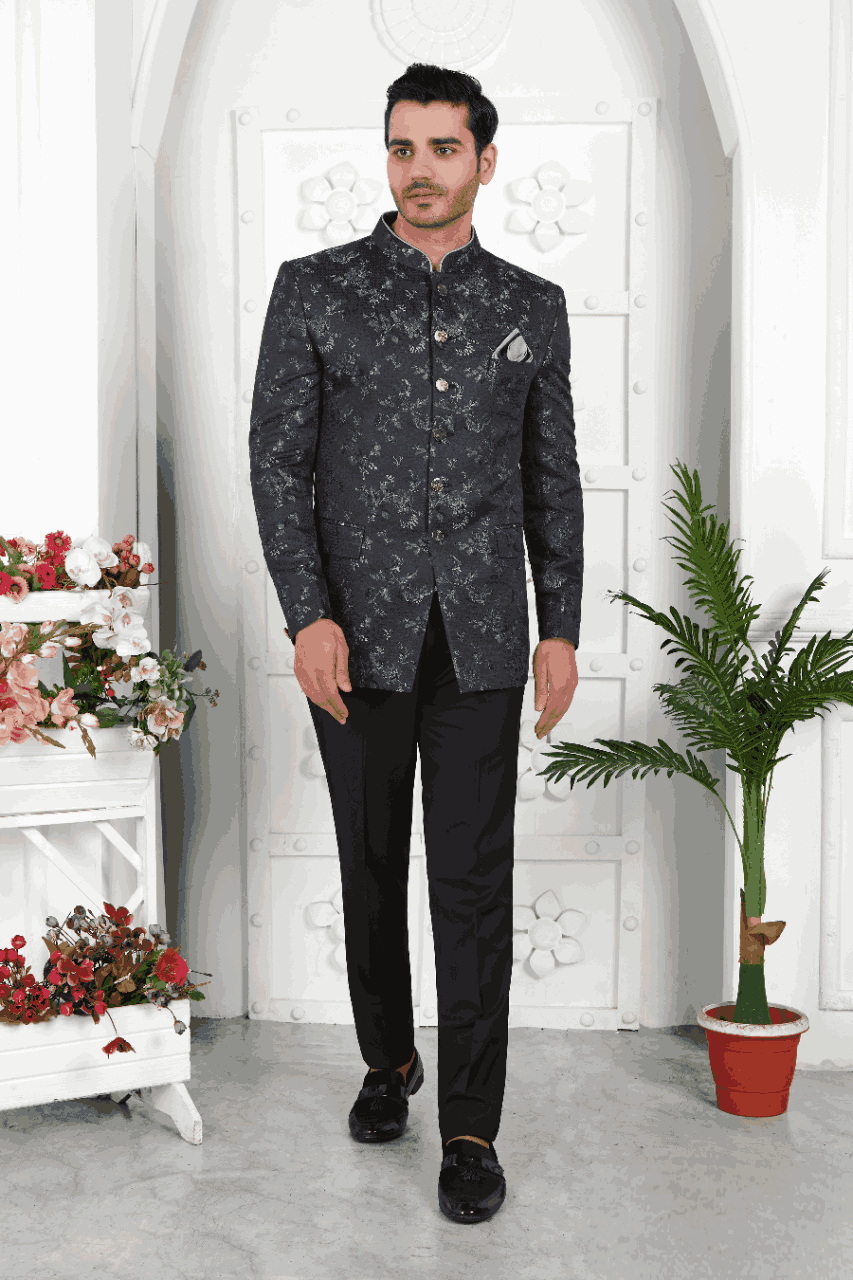 Raivat Ethnic Jacquard Silk Thread Work Jodhpuri In Black Colour | Grocsy