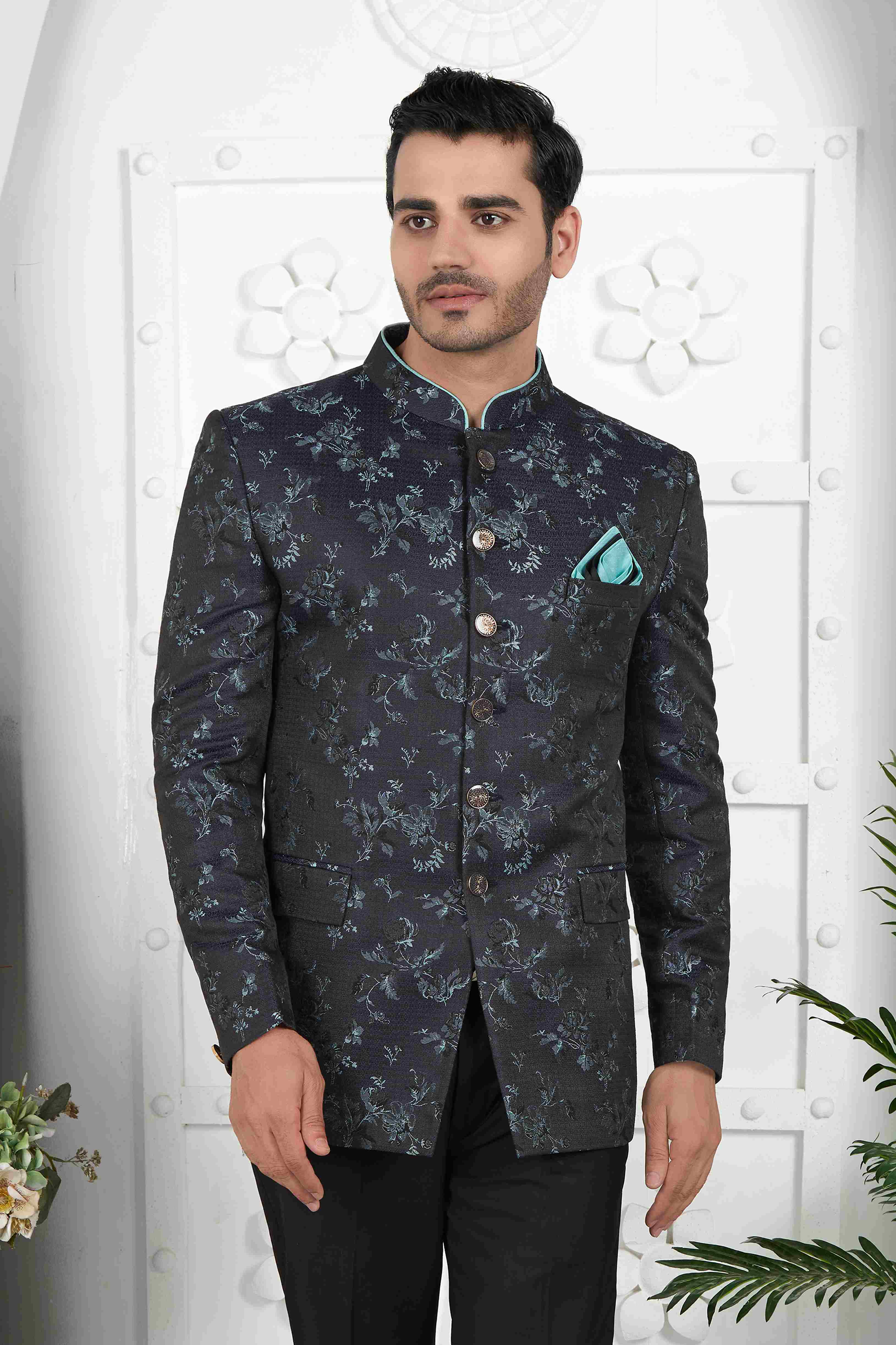 Raivat Ethnic Jacquard Silk Thread Work Jodhpuri In Black Colour | Grocsy