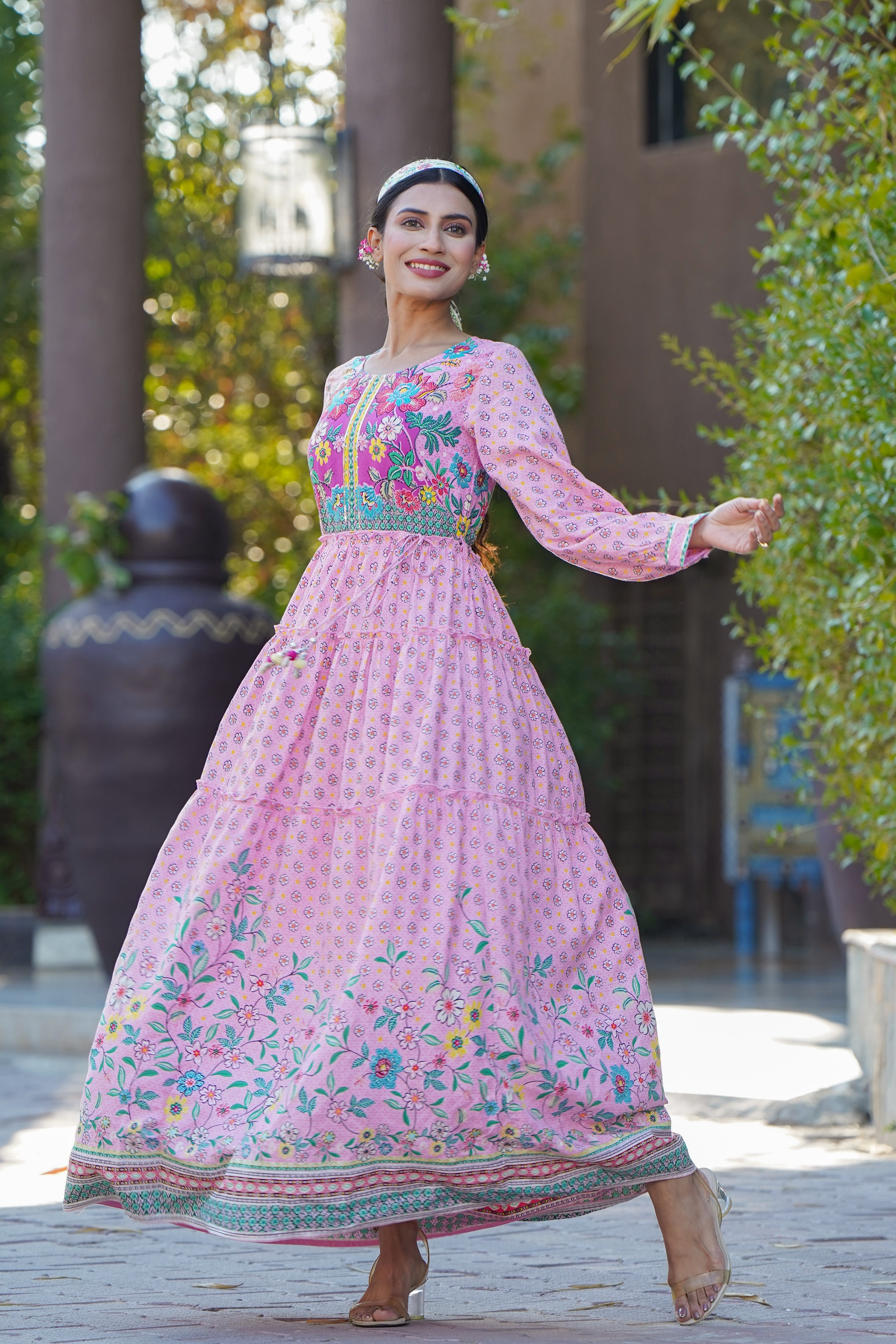 Juniper Womens Pink Cambric Floral Printed Tiered Maxi Dress | Grocsy