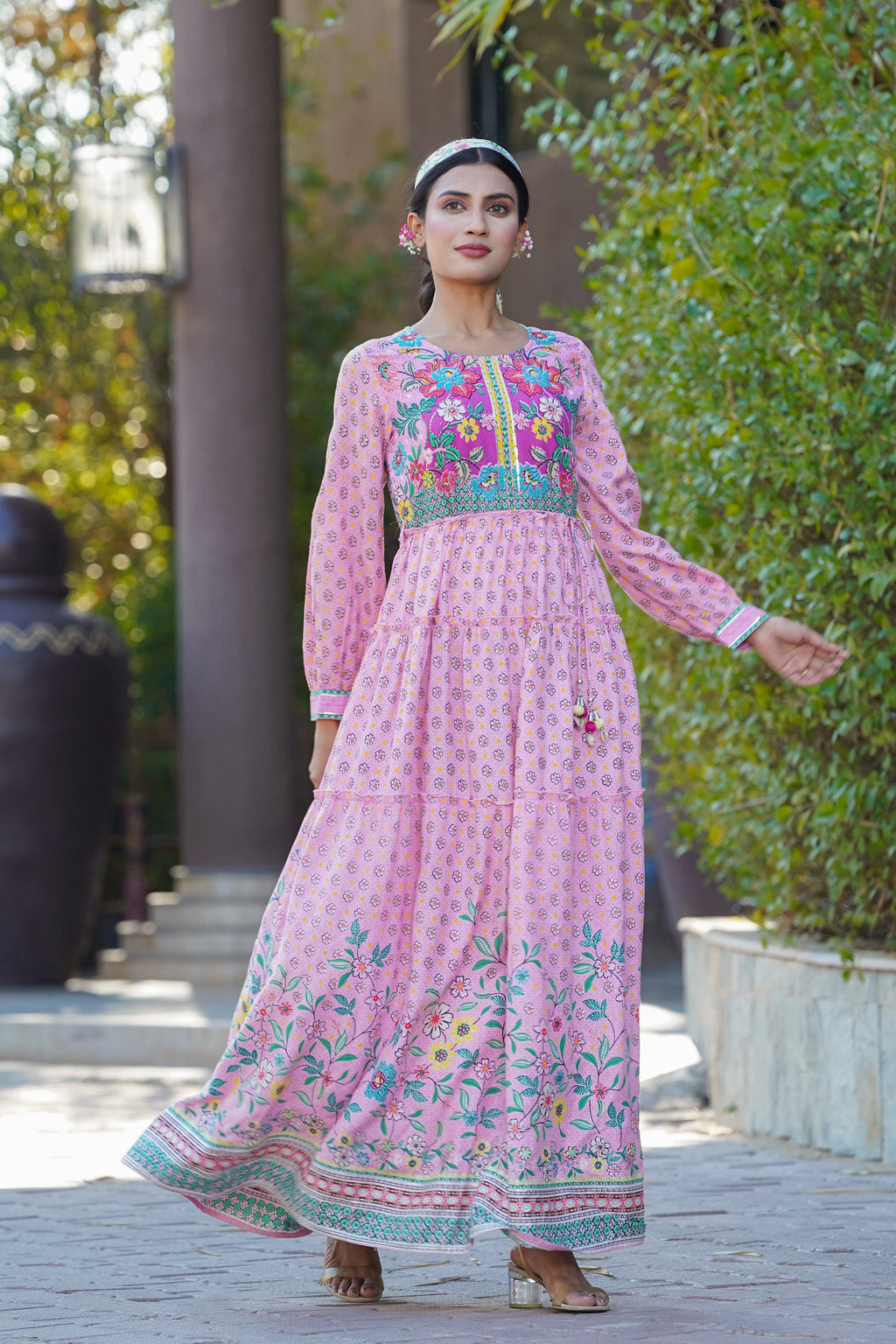 Juniper Womens Pink Cambric Floral Printed Tiered Maxi Dress | Grocsy