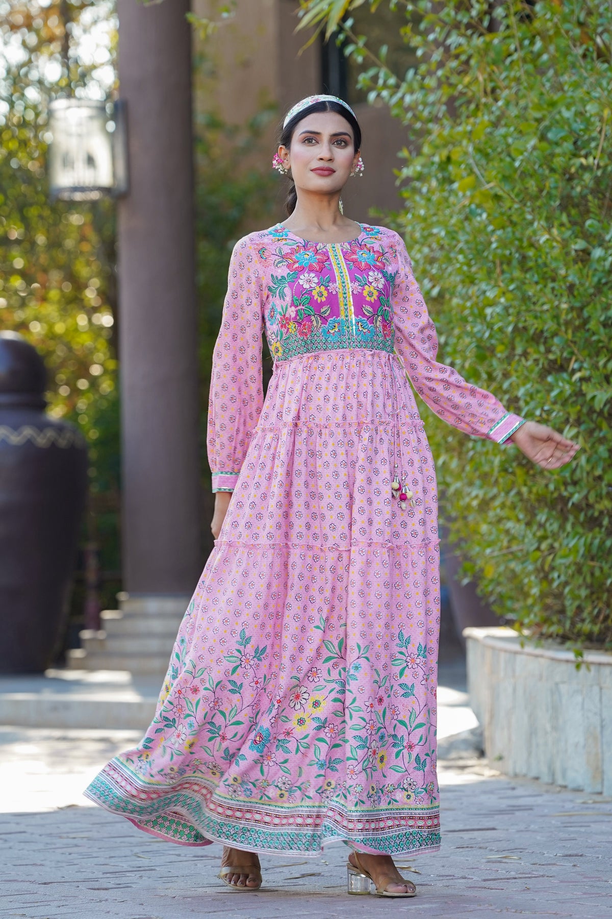 Juniper Womens Pink Cambric Floral Printed Tiered Maxi Dress | Grocsy
