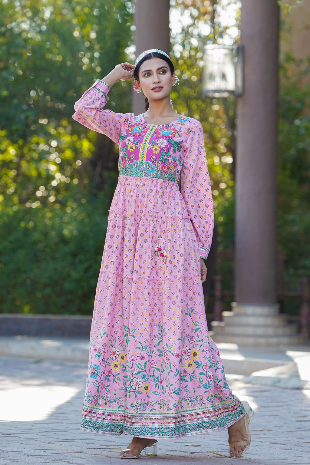 Juniper Womens Pink Cambric Floral Printed Tiered Maxi Dress | Grocsy