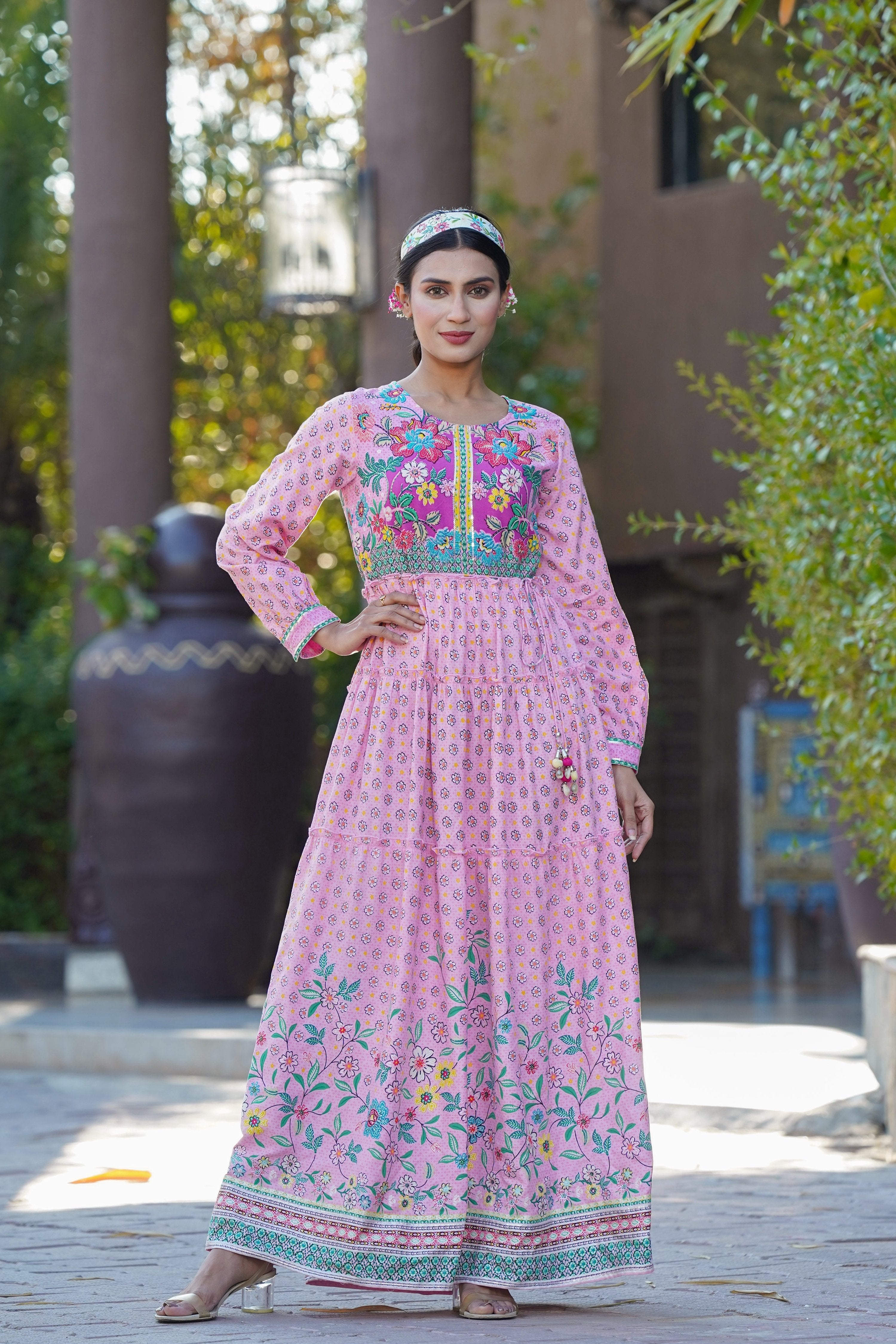 Juniper Womens Pink Cambric Floral Printed Tiered Maxi Dress | Grocsy