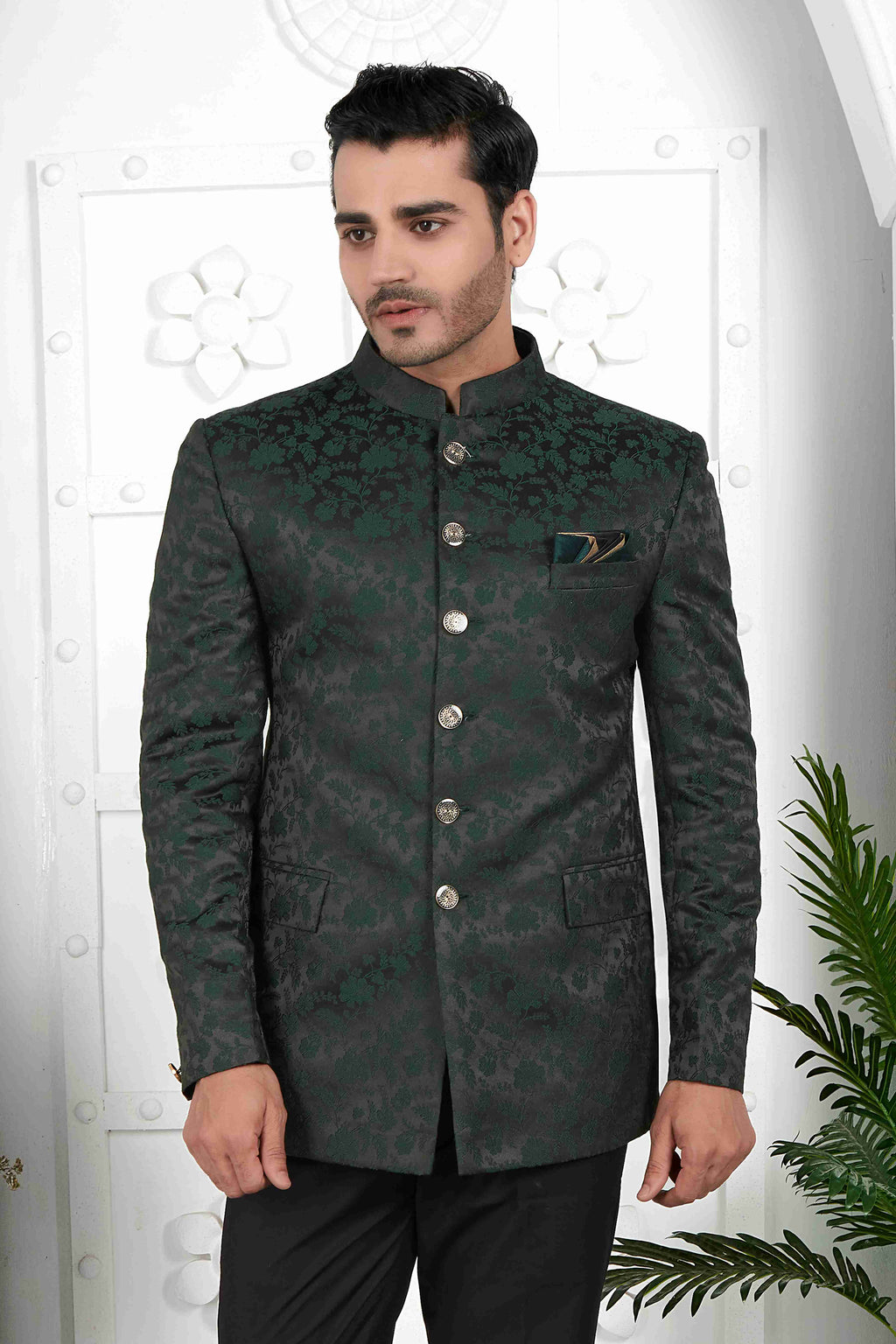 Raivat Ethnic Jacquard Silk Thread Work Jodhpuri In Dark Green Colour | Grocsy