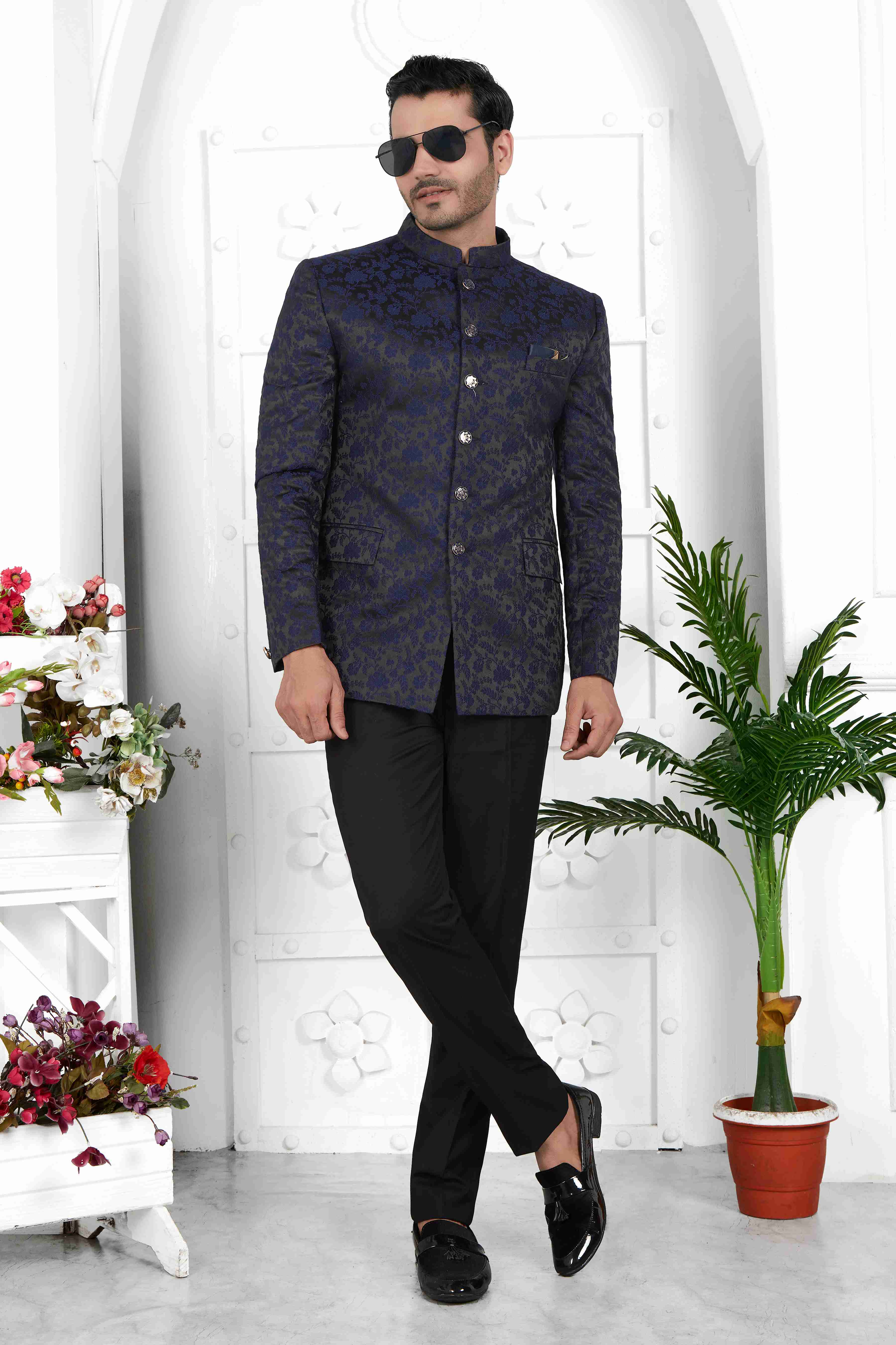 Raivat Ethnic Jacquard Silk Thread Work Jodhpuri In Navy Blue Colour | Grocsy
