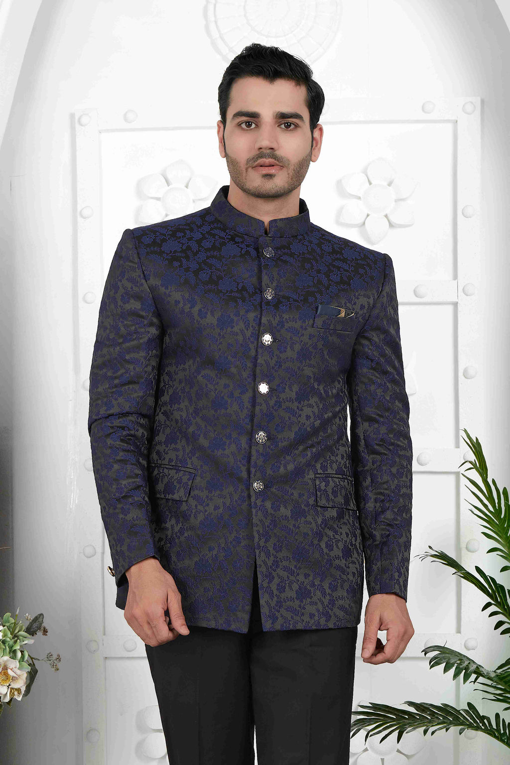 Raivat Ethnic Jacquard Silk Thread Work Jodhpuri In Navy Blue Colour | Grocsy