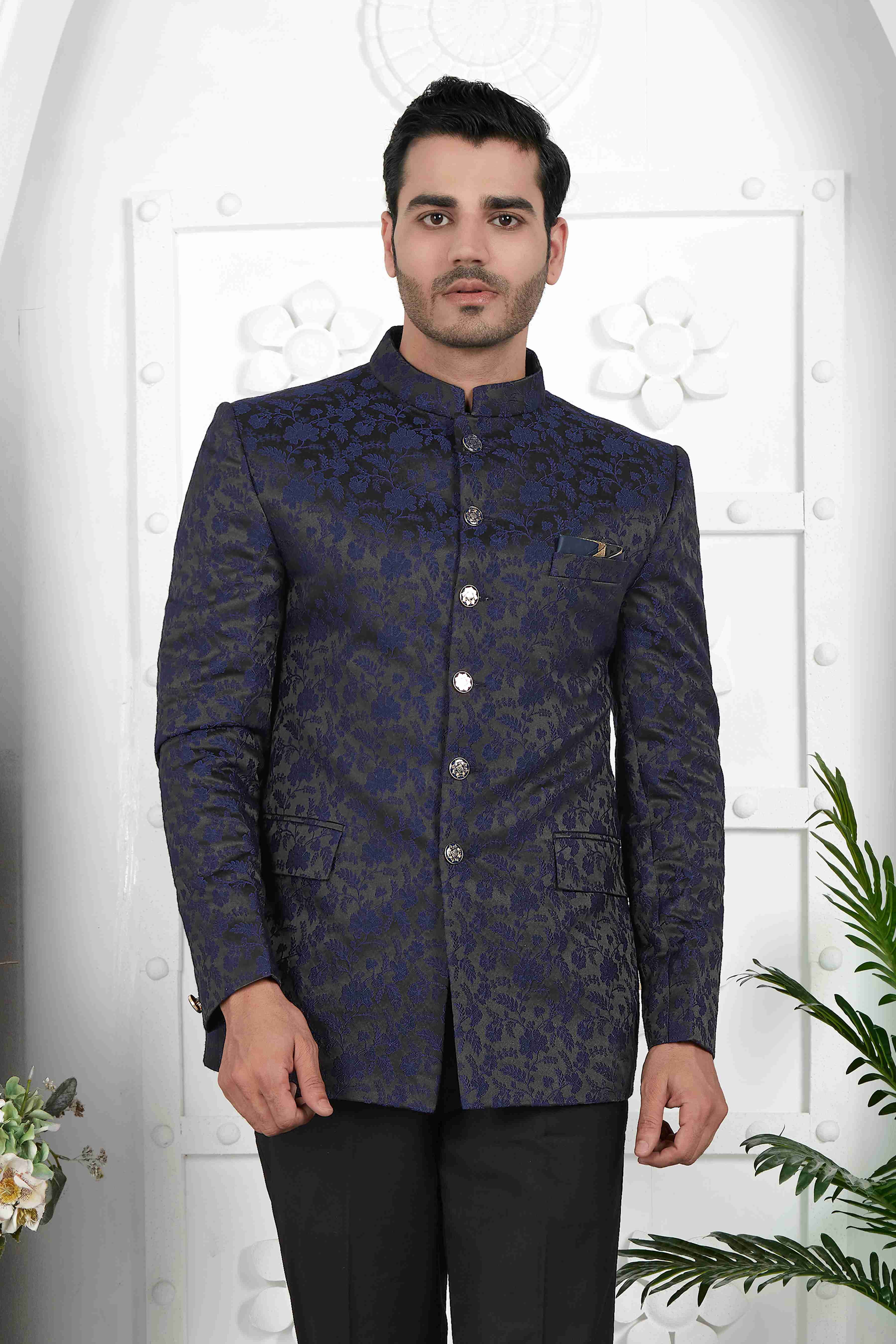Raivat Ethnic Jacquard Silk Thread Work Jodhpuri In Navy Blue Colour | Grocsy