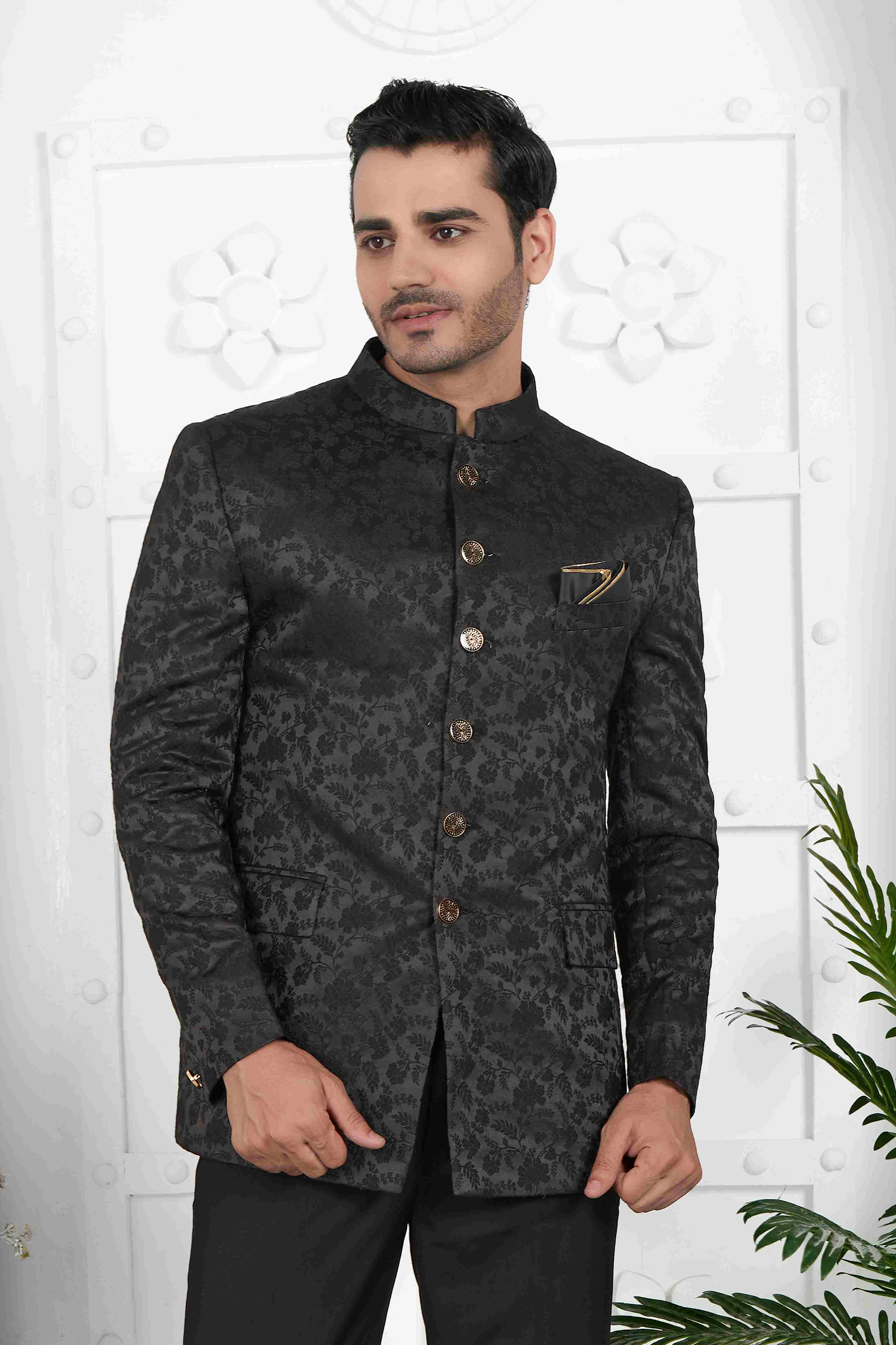 Raivat Ethnic Jacquard Silk Thread Work Jodhpuri In Black Colour | Grocsy