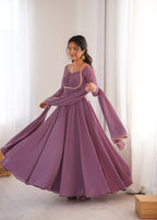 Lorenvalley Fashion Mauve Faux Georgette Fancy Designer Yoke Dori Neck Anarkali Gown with Dupatta | Grocsy