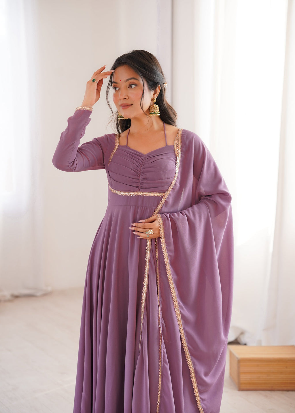 Lorenvalley Fashion Mauve Faux Georgette Fancy Designer Yoke Dori Neck Anarkali Gown with Dupatta | Grocsy