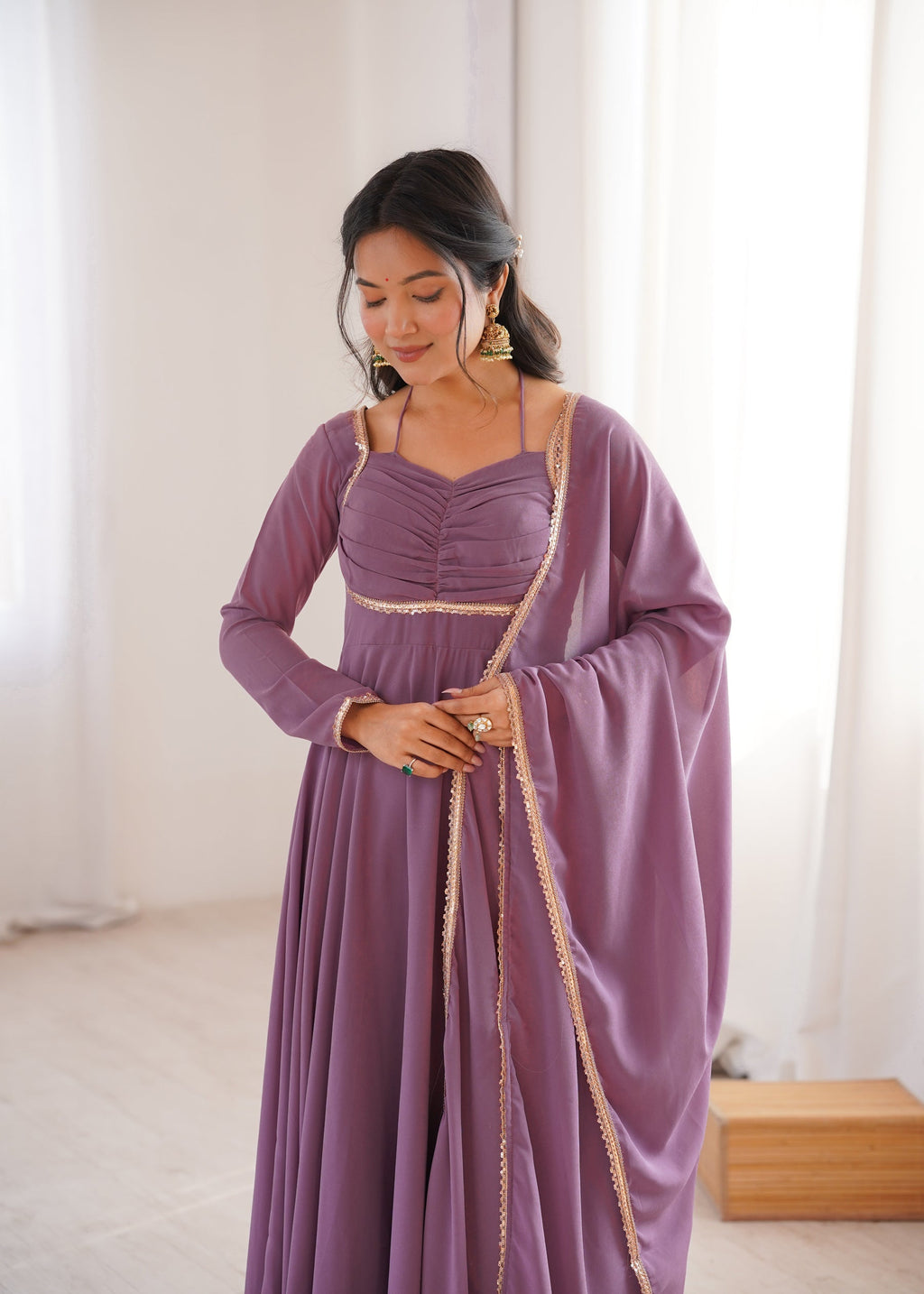 Lorenvalley Fashion Mauve Faux Georgette Fancy Designer Yoke Dori Neck Anarkali Gown with Dupatta | Grocsy