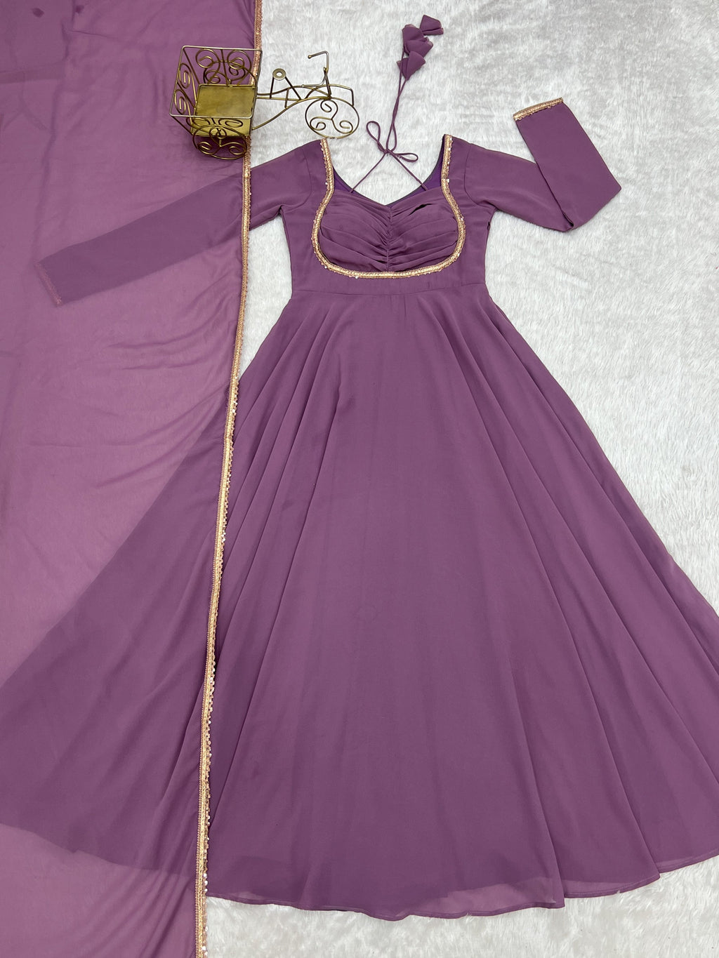 Lorenvalley Fashion Mauve Faux Georgette Fancy Designer Yoke Dori Neck Anarkali Gown with Dupatta | Grocsy
