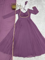 Lorenvalley Fashion Mauve Faux Georgette Fancy Designer Yoke Dori Neck Anarkali Gown with Dupatta | Grocsy
