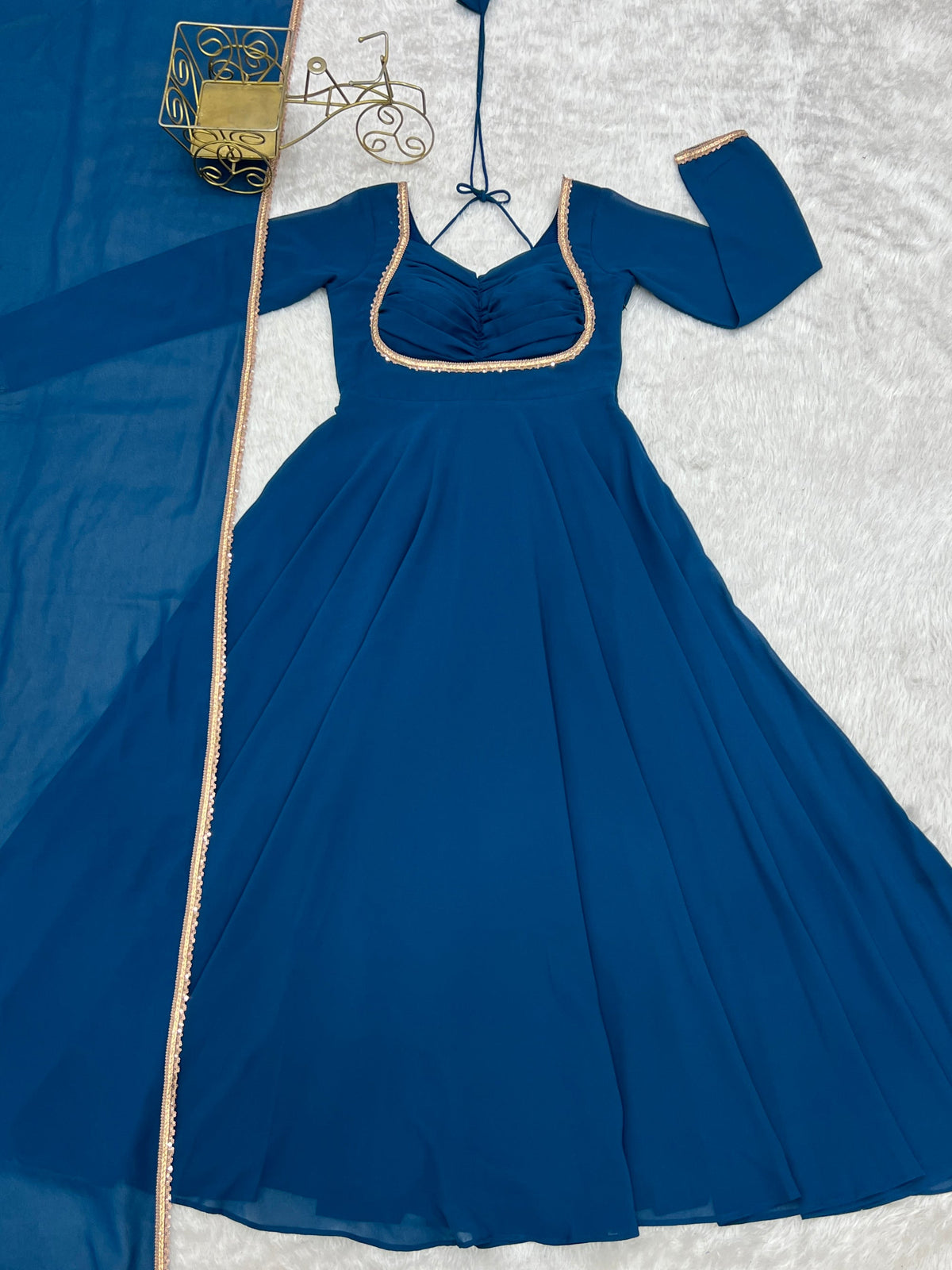 Lorenvalley Fashion Rama Faux Georgette Fancy Designer Yoke Dori Neck Anarkali Gown with Dupatta | Grocsy
