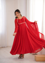 Lorenvalley Fashion Red Faux Georgette Fancy Designer Yoke Dori Neck Anarkali Gown with Dupatta | Grocsy