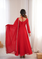 Lorenvalley Fashion Red Faux Georgette Fancy Designer Yoke Dori Neck Anarkali Gown with Dupatta | Grocsy